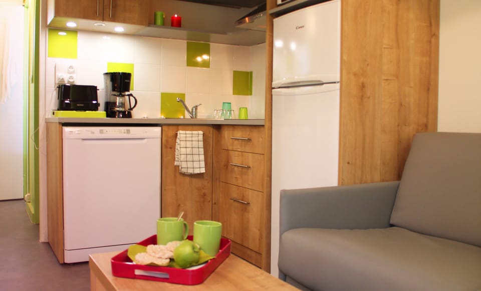 Full-size fridge, microwave, stovetop, dishwasher