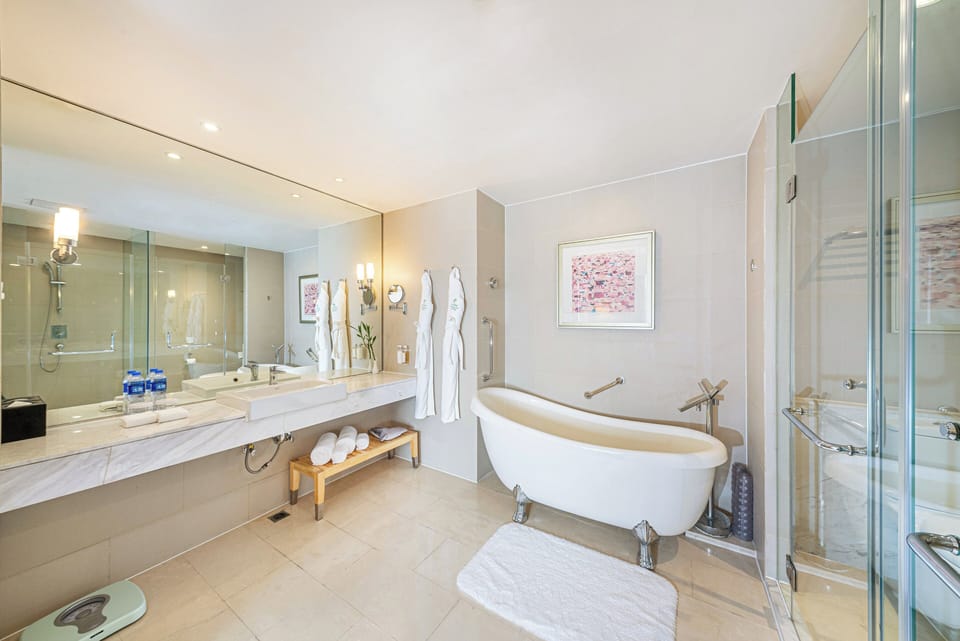 Shower, rainfall showerhead, free toiletries, hair dryer