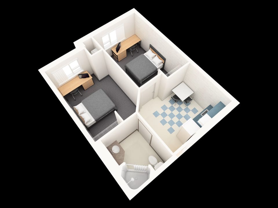 2 bedrooms, desk, laptop workspace, blackout drapes