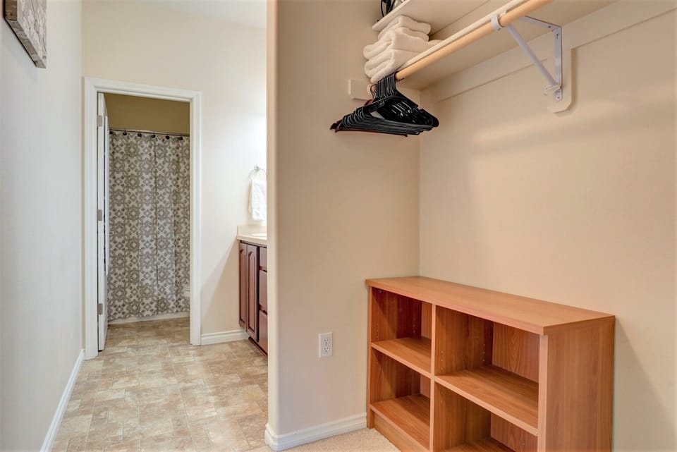 Walk in closet, plenty of hangers, extra towels, pillows and blankets.