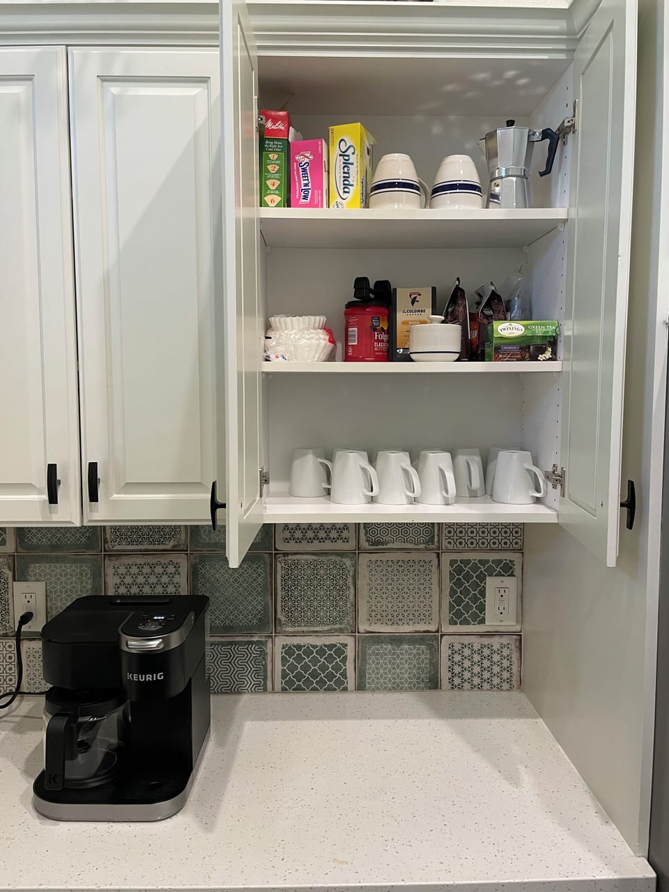 Coffee pods to get you started are provided.  You’ll also find sugar & creamers.