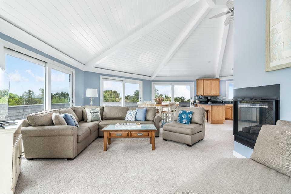 Open concept living space on the second floor with custom octagonal ceiling 