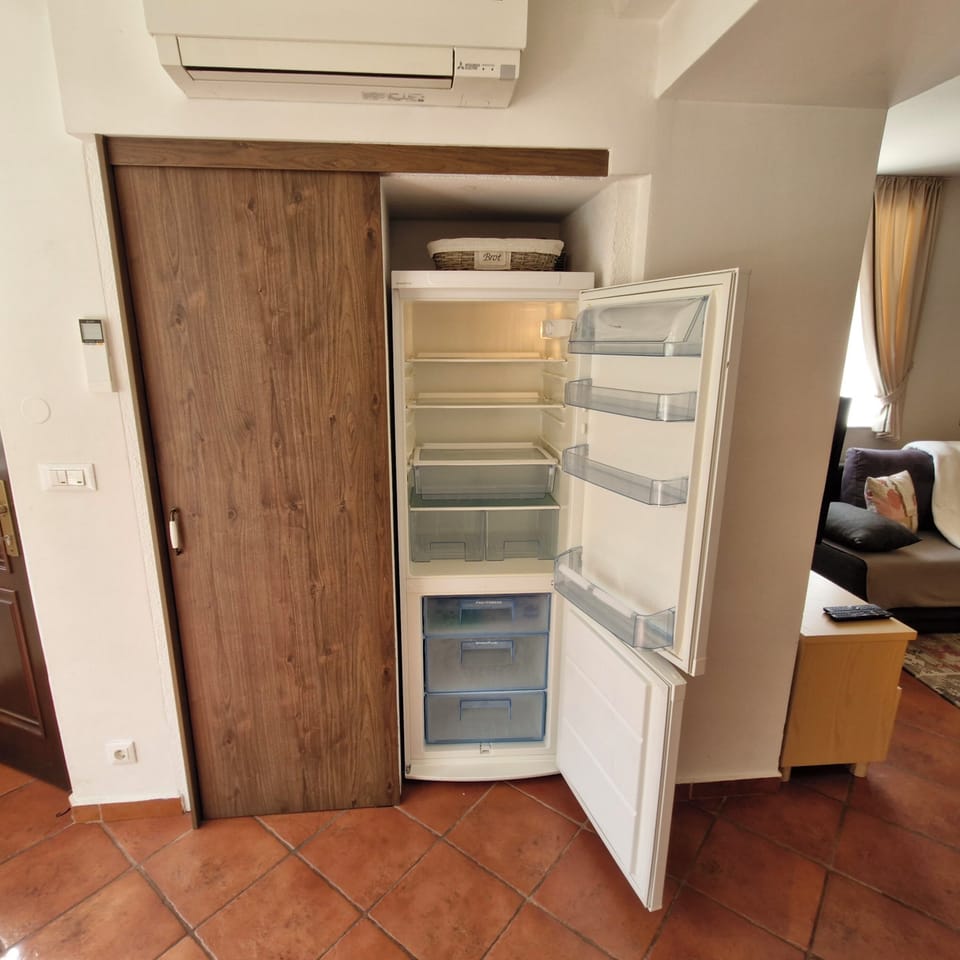 Fridge and freezer with utility behind the sliding door