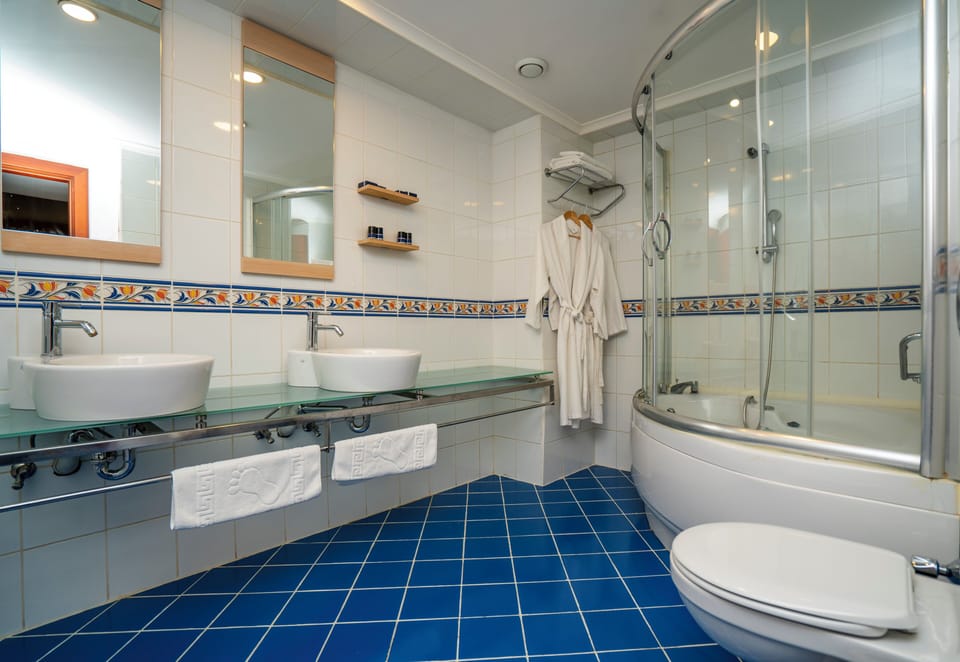 Hair dryer, slippers, towels, soap