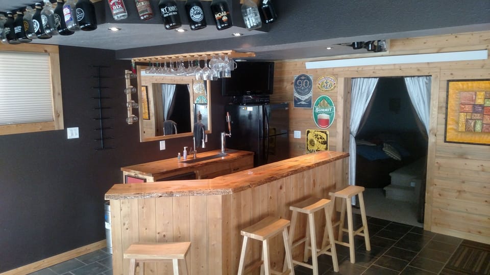 Wet bar with refrigerator/freezer, dishwasher, microwave, and wine chiller