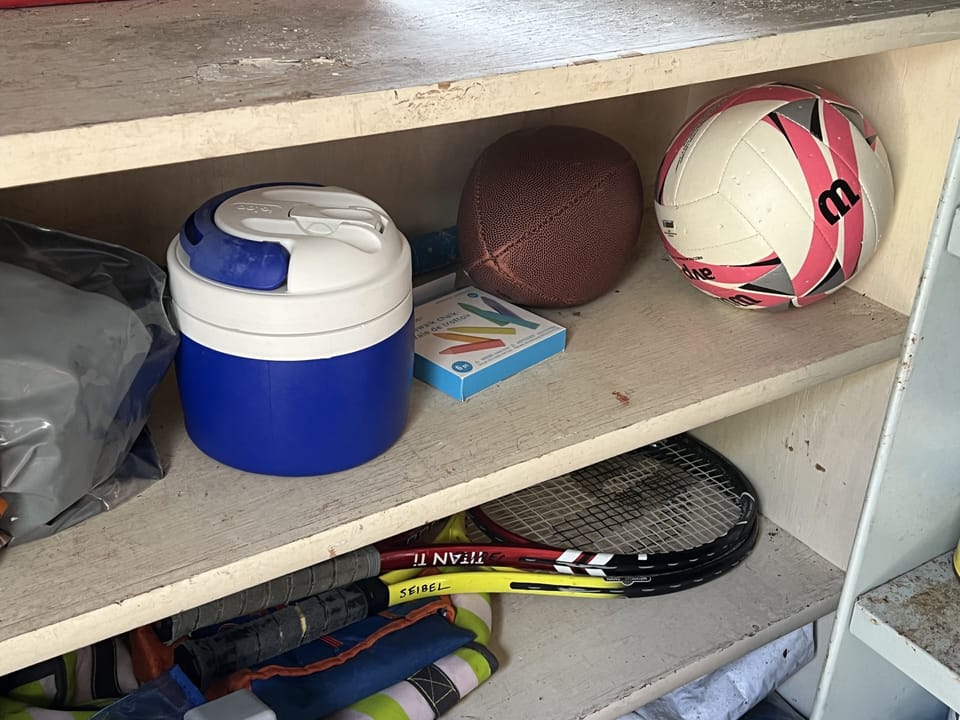 Football, basketball ball, tennis equipment and more.