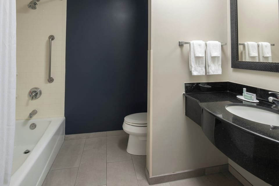 Combined shower/tub, free toiletries, hair dryer, towels