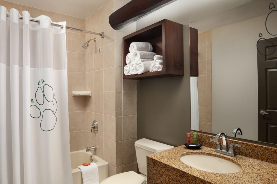Combined shower/tub, hair dryer, towels