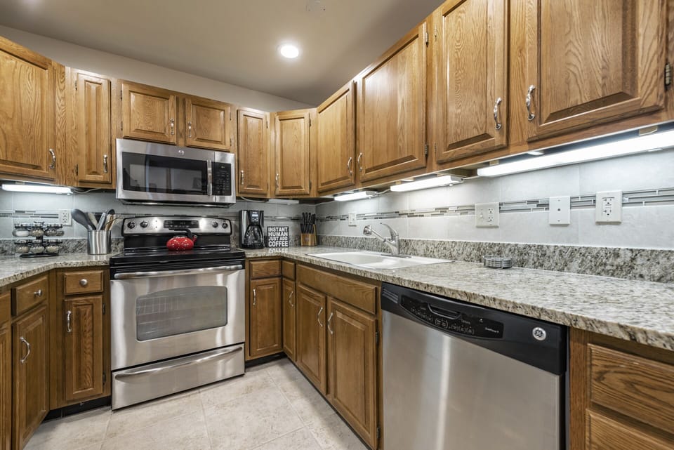 Our kitchen has a dishwasher, coffee maker & microwave -all the comforts of home