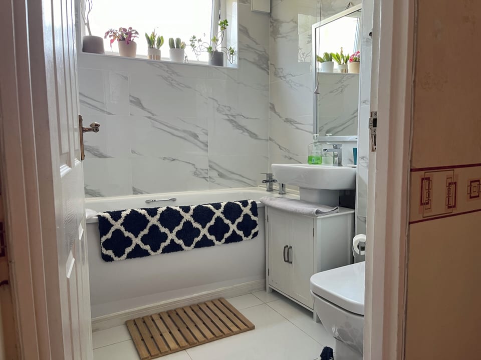 Combined shower/tub, free toiletries, hair dryer, slippers