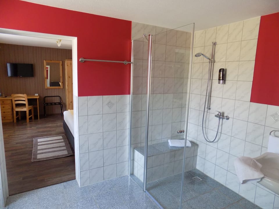Shower, free toiletries, hair dryer, towels