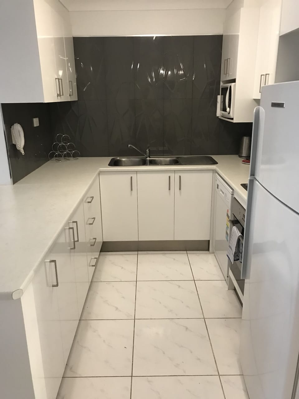 Fridge, microwave, stovetop, electric kettle