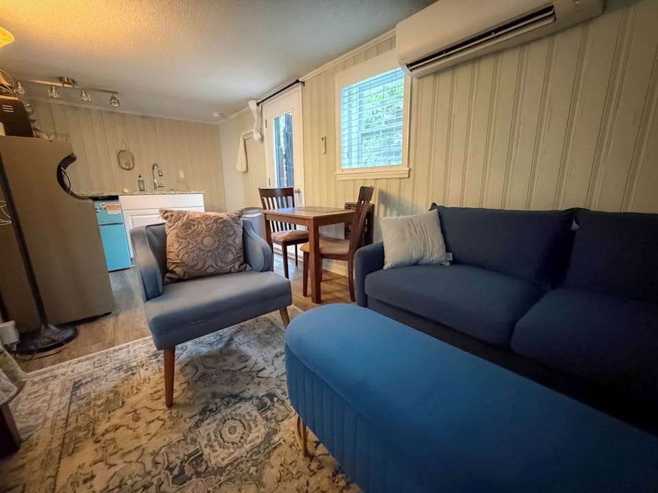 Cozy living space with dining nook, kitchenette, and mini-split AC