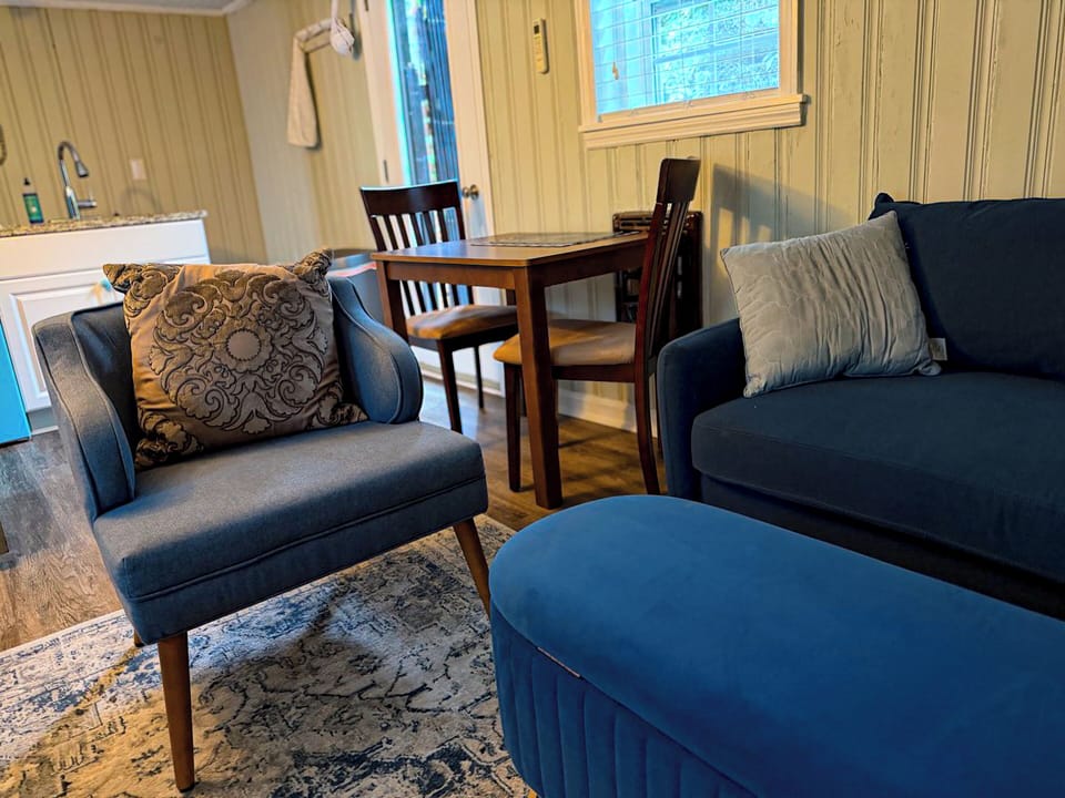 Cozy living area with plush seating, dining table, and inviting blue accents