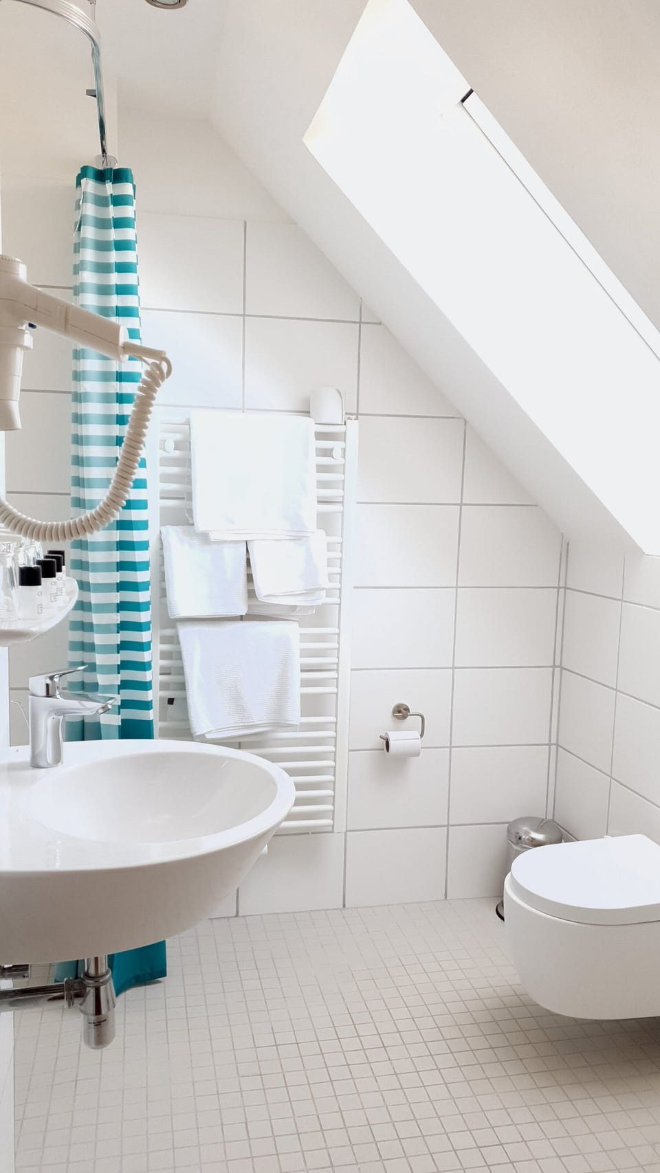 Shower, hair dryer, soap, shampoo