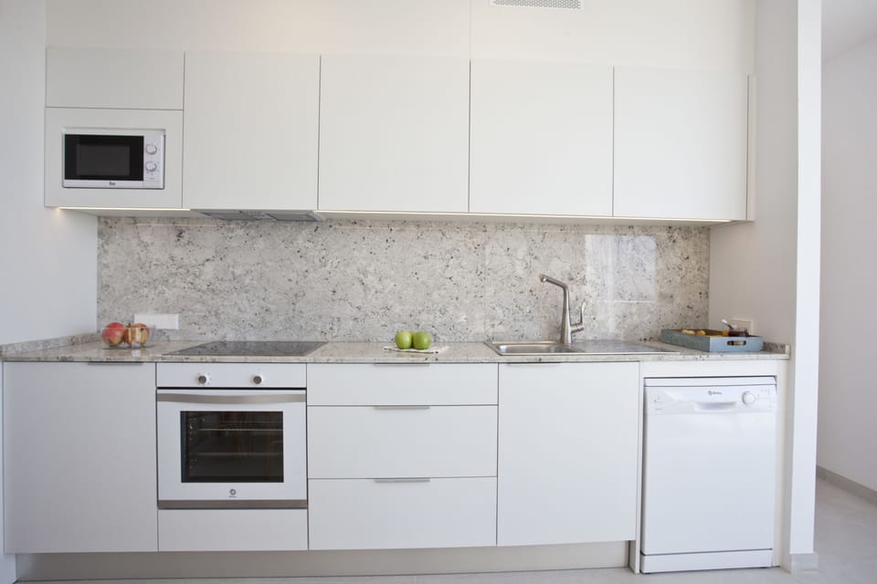 Full-size fridge, microwave, stovetop, dishwasher