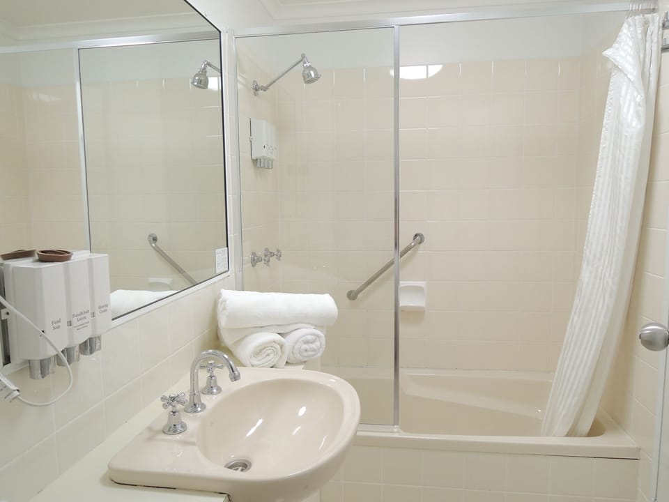 Combined shower/tub, free toiletries, hair dryer, towels