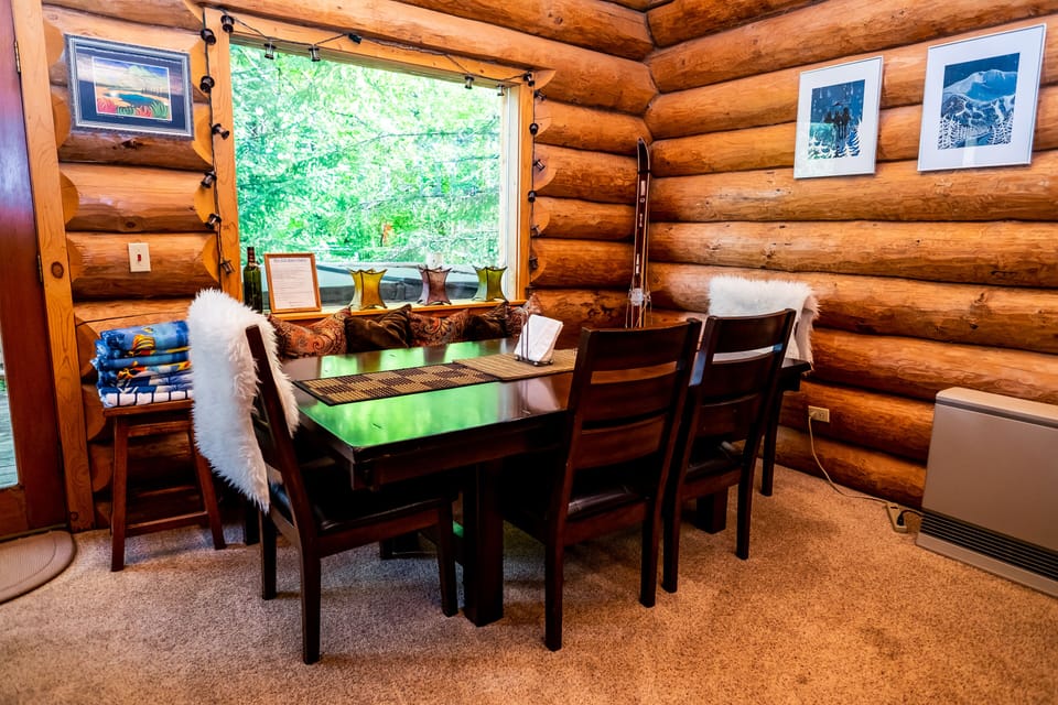Large dining room table that seats 6-8 with additional leaf to seat more.  