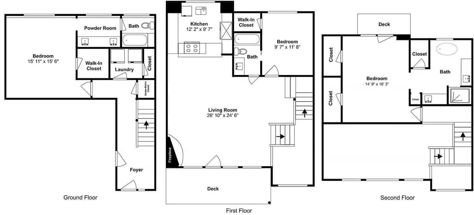 Multi-level vacation home floor plan showcasing spacious bedrooms, full kitchen, and private deck spaces for your mountain getaway.
