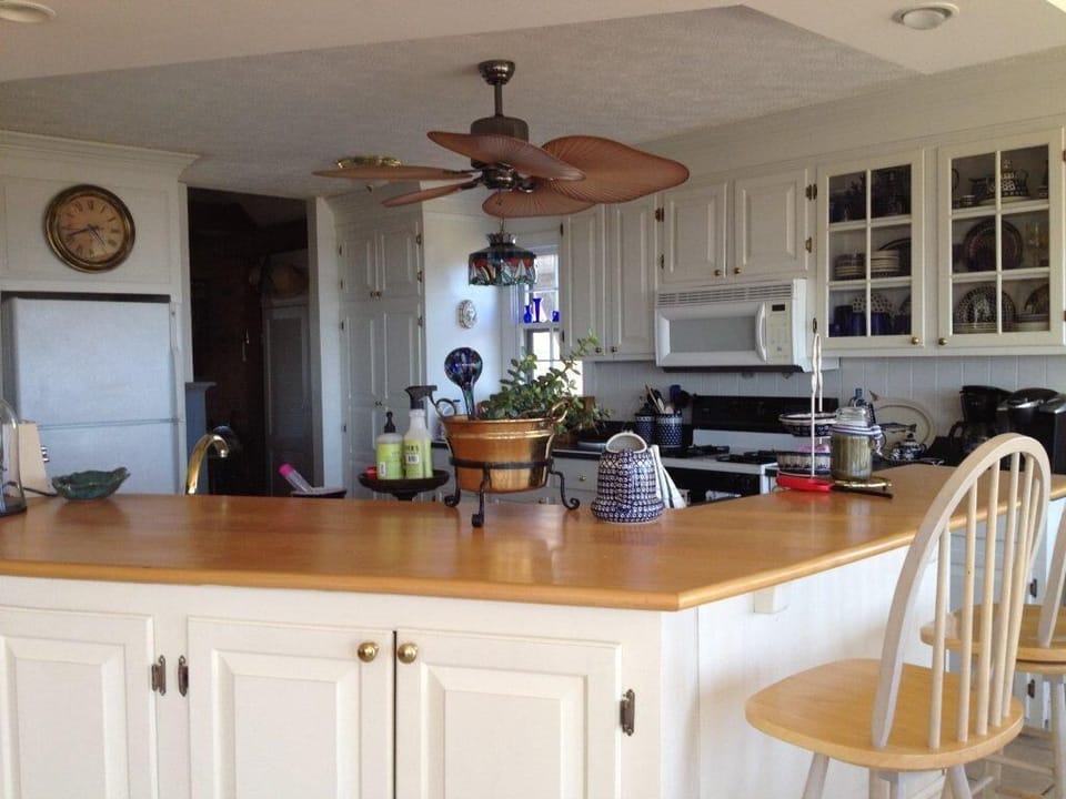 The kitchen island and bar with cabinets to house the DVD/Flat Screen system.
