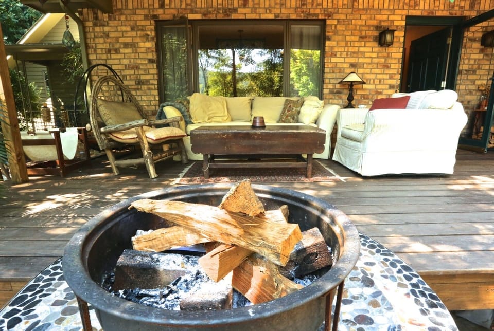 Copper fire bowl on front porch