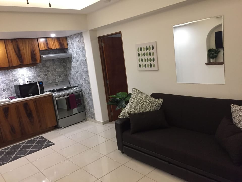 kitchen and sofa