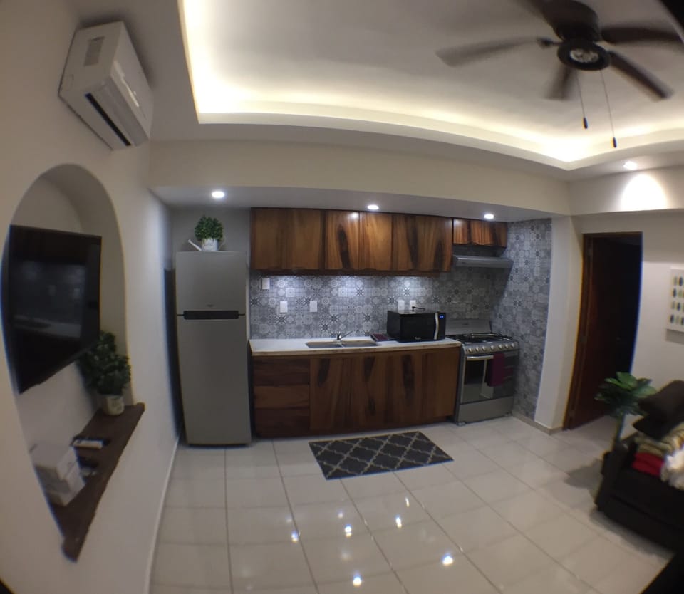 Kitchen and living room. 