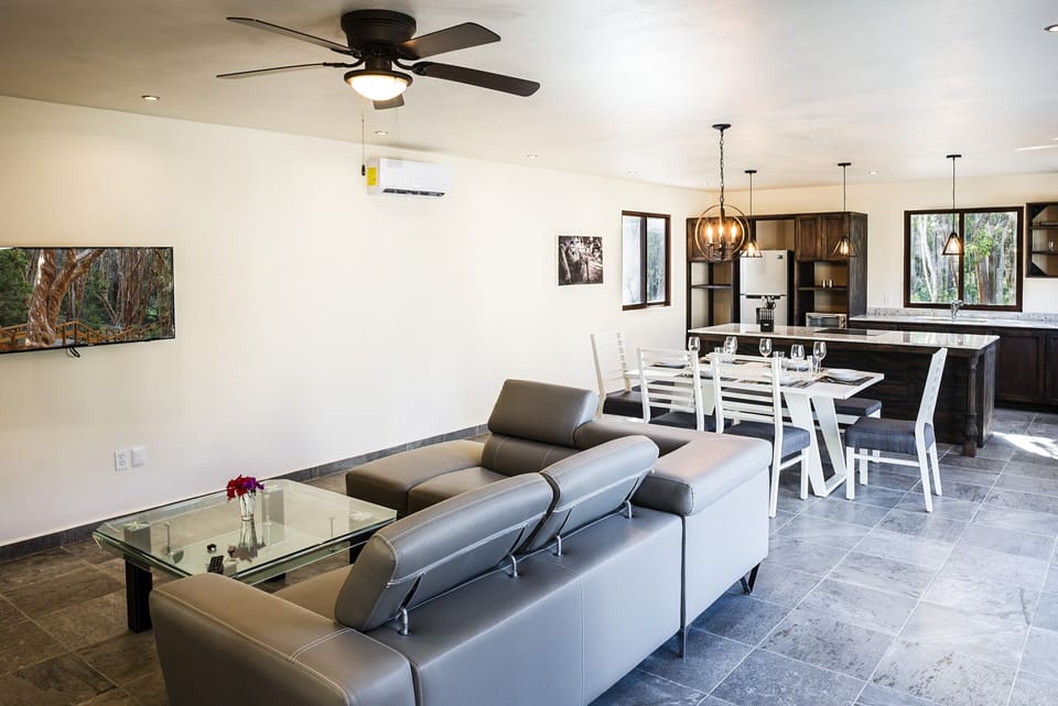 Air conditioned living area with large L-sofa