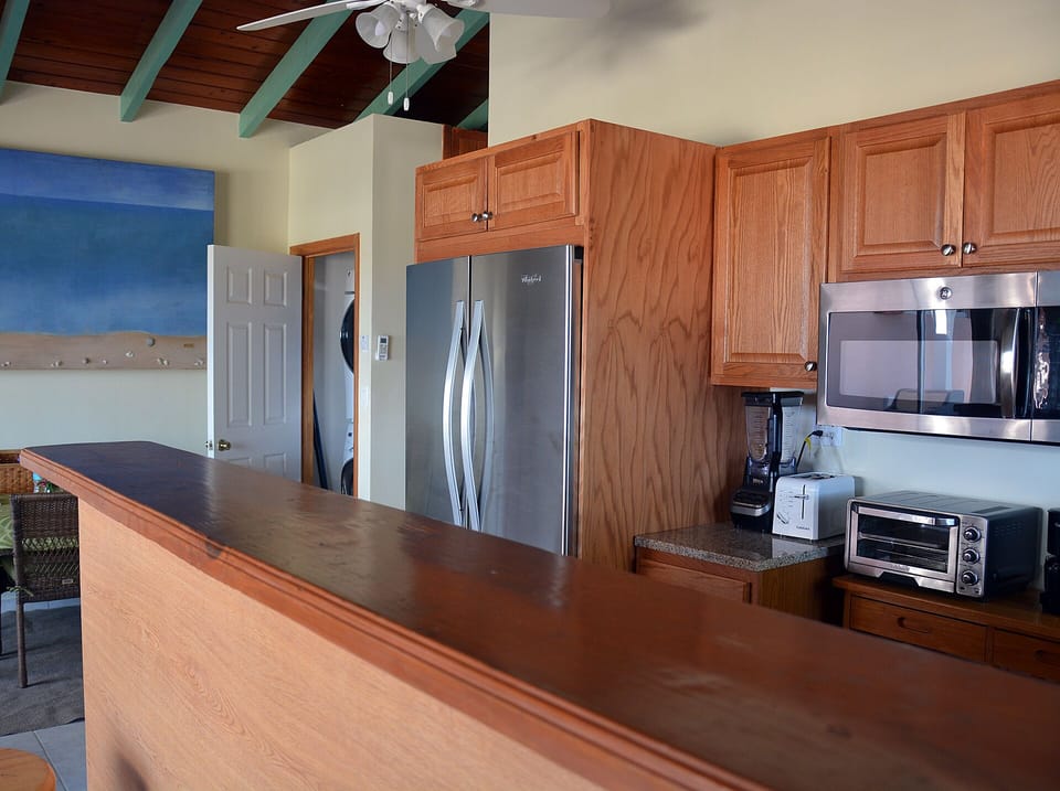 Open concept dining room, laundry closet, and kitchen in one bedroom villa.