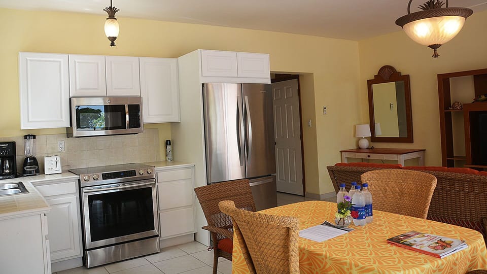 Kitchen, dining, and living areas, with full size washer and dryer in closet.