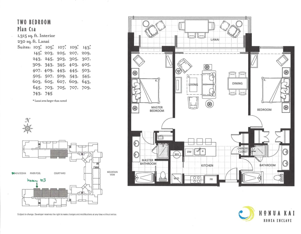 Konea 103 location / layout - Interior Courtyard.  Guest room now has 2 Kings.