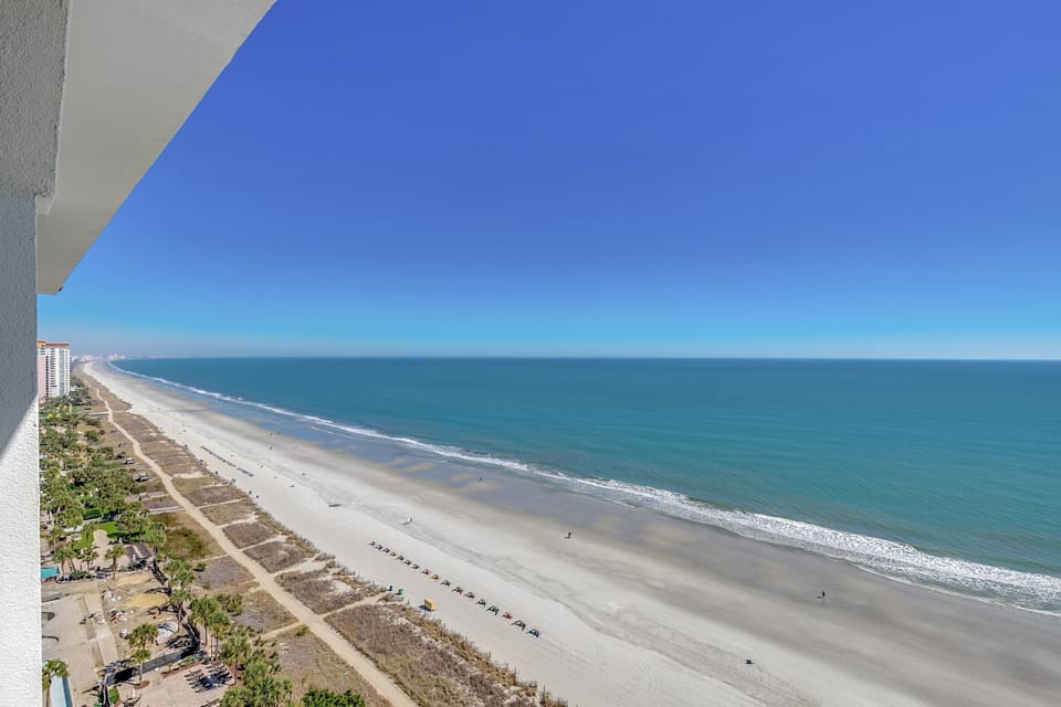 Northern balcony view of Myrtle Beach's coastline.