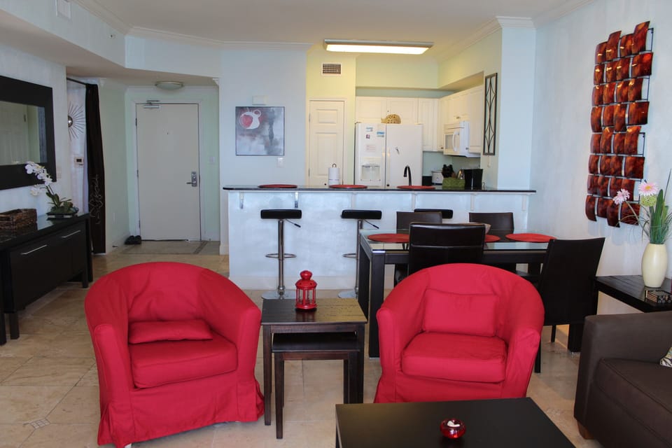 Living room with dining area and bar
