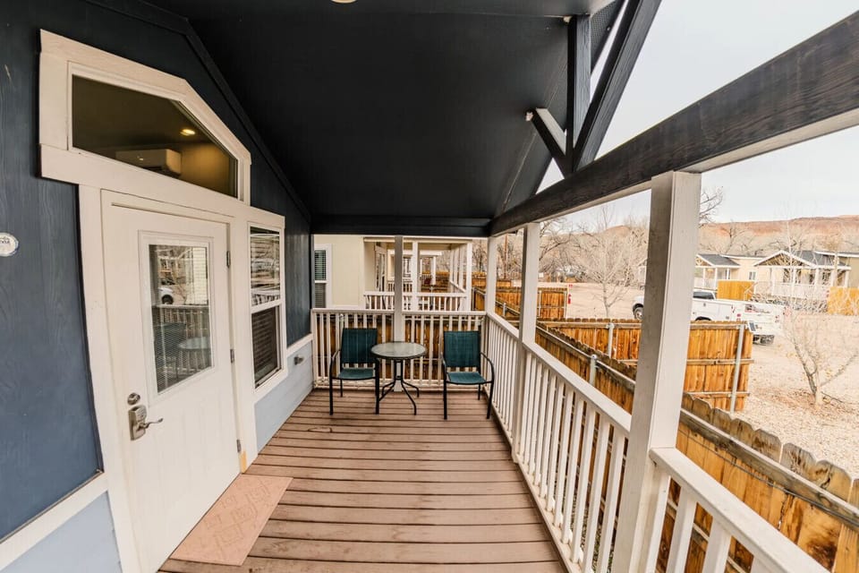 Patio seating area with a red rock view