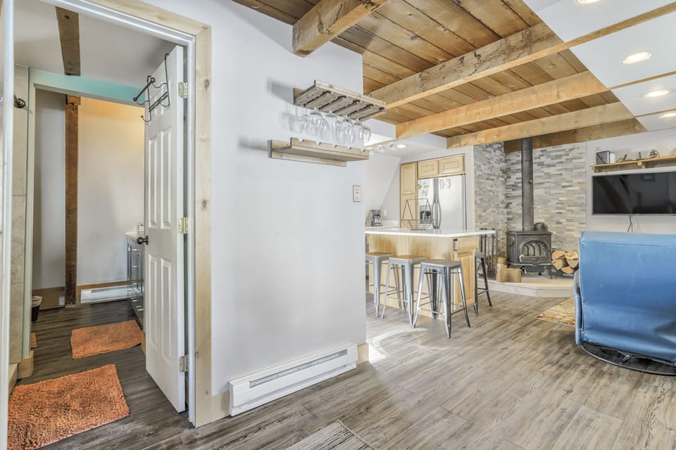 View of living space and bathroom