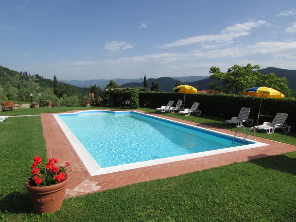 Seasonal outdoor pool, open 9 AM to 8 PM, pool umbrellas, sun loungers