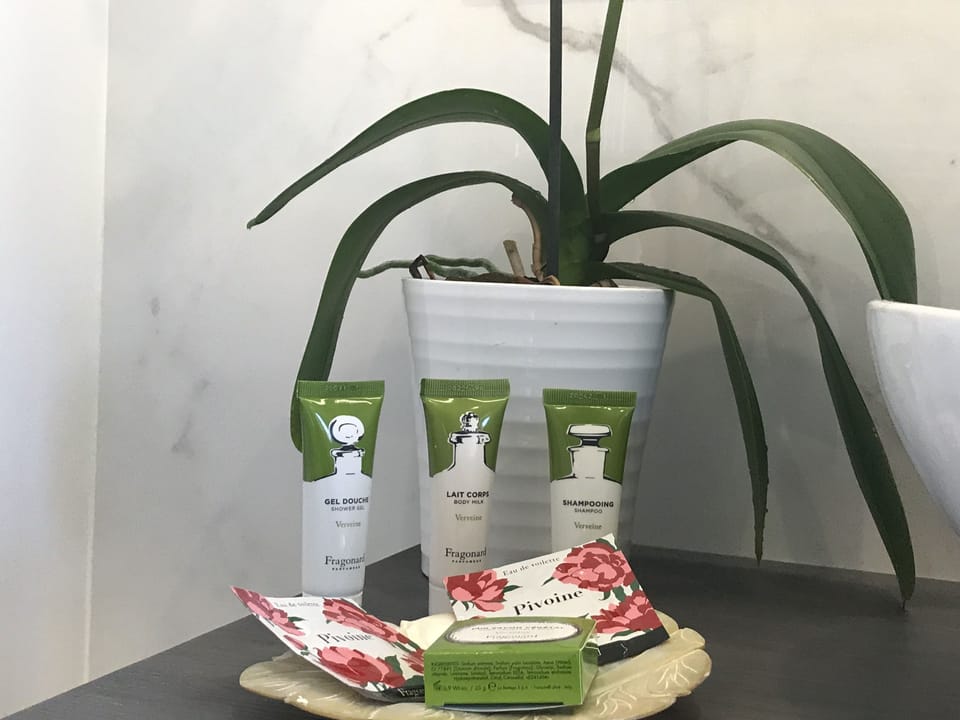 Shower, rainfall showerhead, designer toiletries, hair dryer
