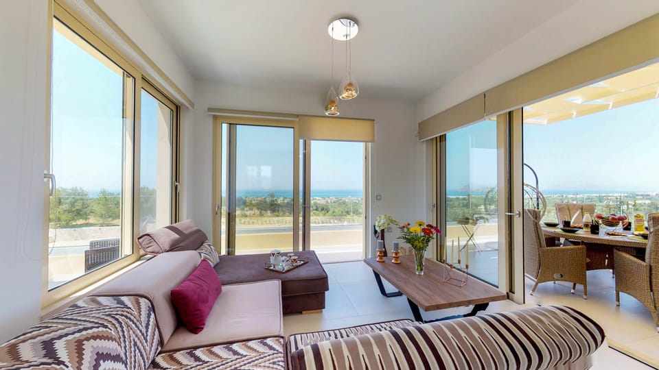 Liberty villa living room with Platanias panoramic sea view!