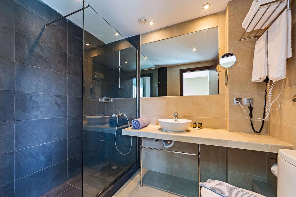 Shower, free toiletries, hair dryer, towels