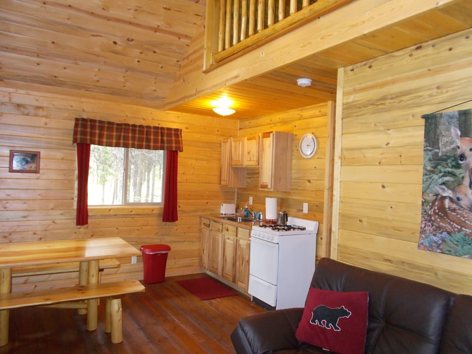 Cabin 1 & 2 interior. Fully furnished. Sleeps 7 easily. Bedrm, 2 beds up,  futon