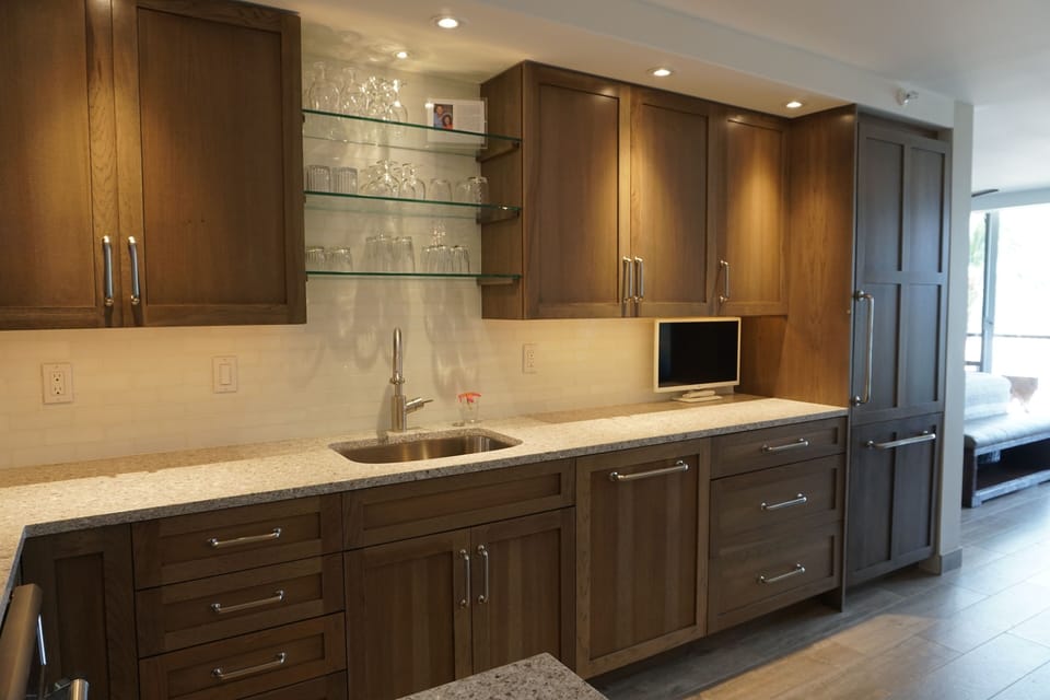 Thermador appliances with a built-in fridge w/ice. This is a full-size kitchen.
