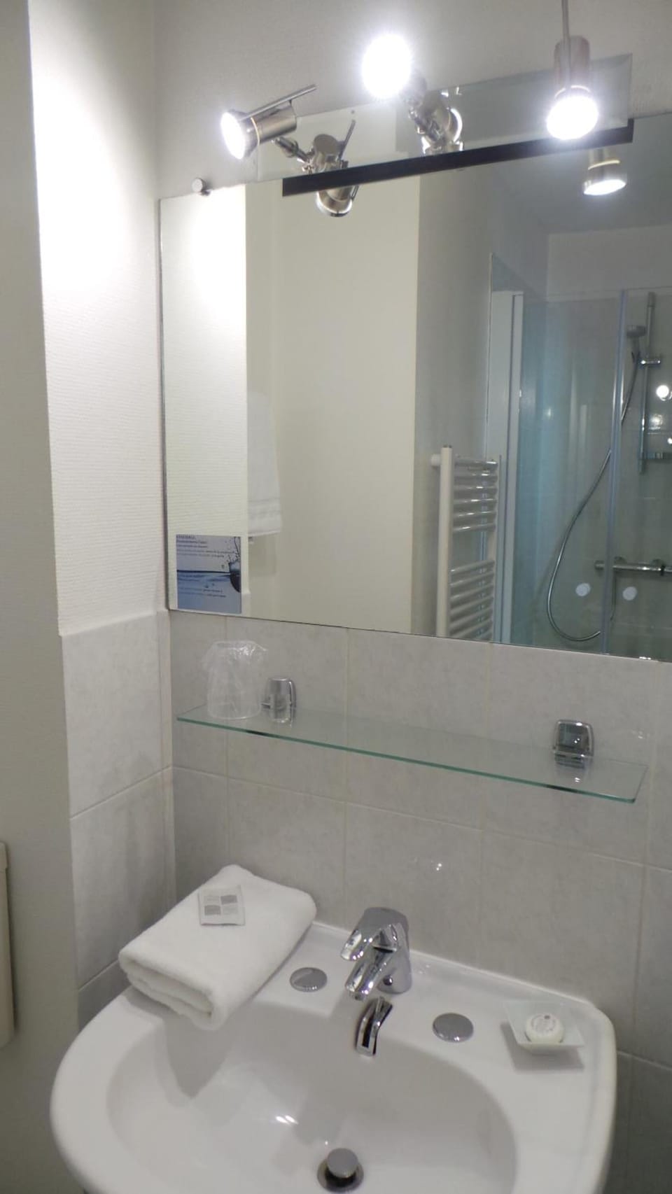 Shower, free toiletries, hair dryer, towels