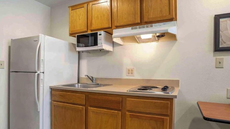 Full-size fridge, microwave, stovetop, freezer