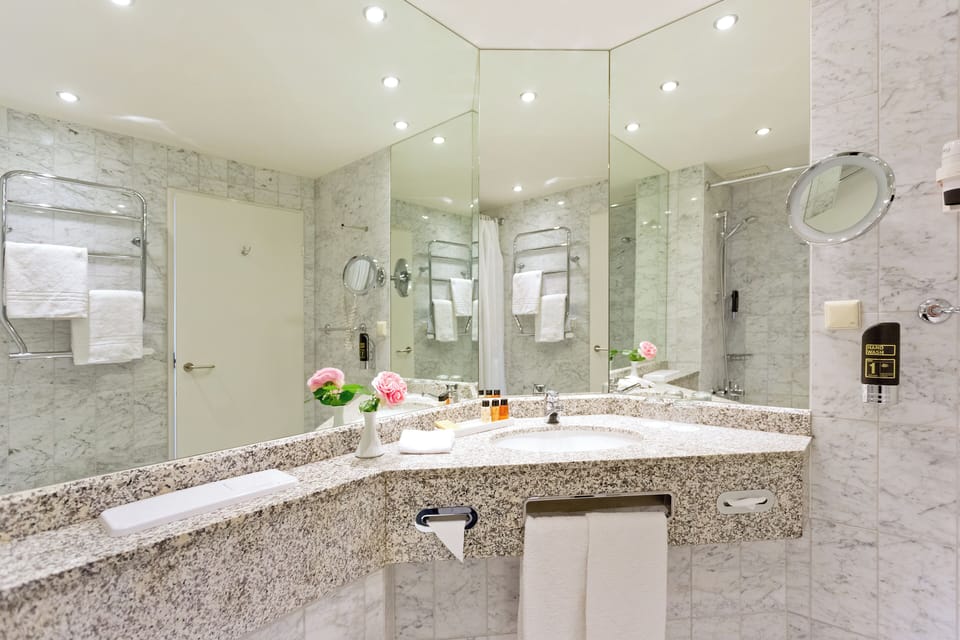 Combined shower/tub, rainfall showerhead, hair dryer, towels