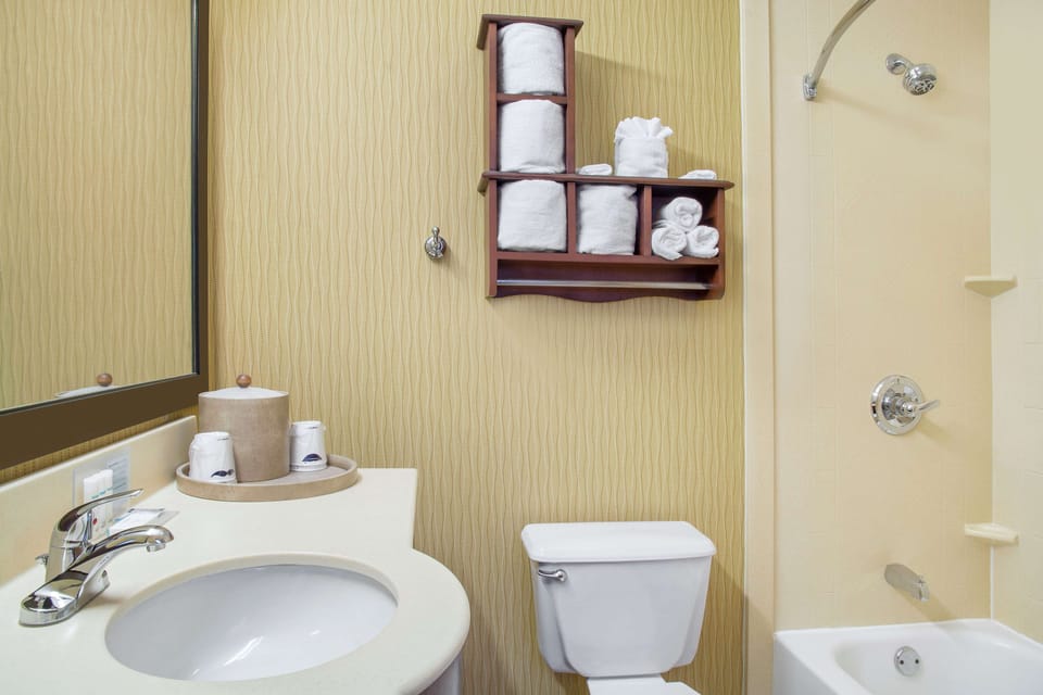 Room, 2 Queen Beds | Bathroom | Combined shower/tub, free toiletries, hair dryer, towels