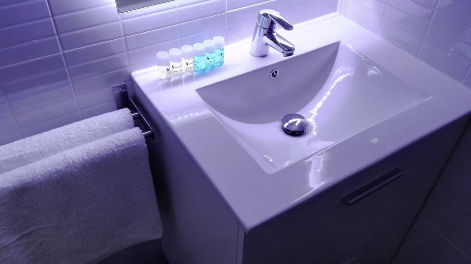 Shower, free toiletries, hair dryer, towels