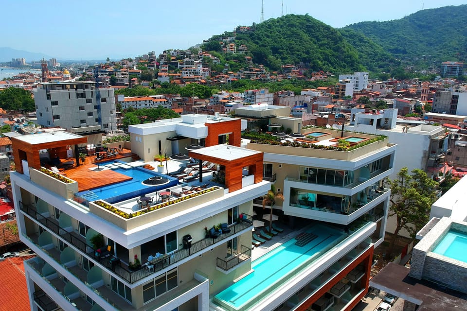 Aerial view of the rooftop amenities