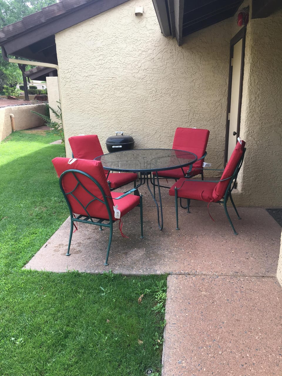 Back patio with seating & grassy area & BBQ.