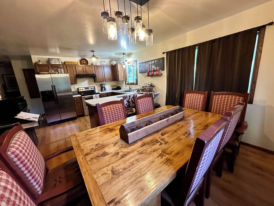Dining table seats eight peninsula seats four
