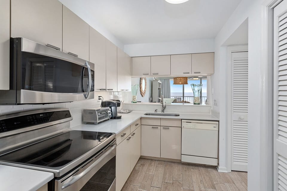 kitchen with views of beach in background